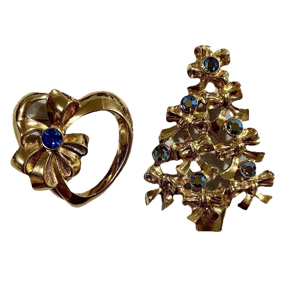 Vintage Signed Avon 2 Brooch Lot Heart Flower Blue Rhinestone Christmas Tree Pin